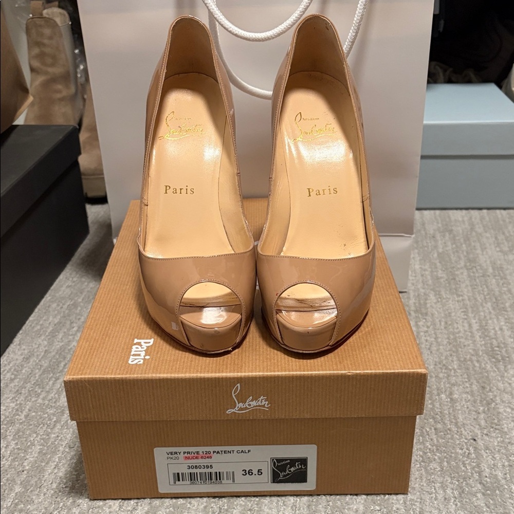 Christian Louboutin Nude Patent Peep Toe Heels “Very Prive”